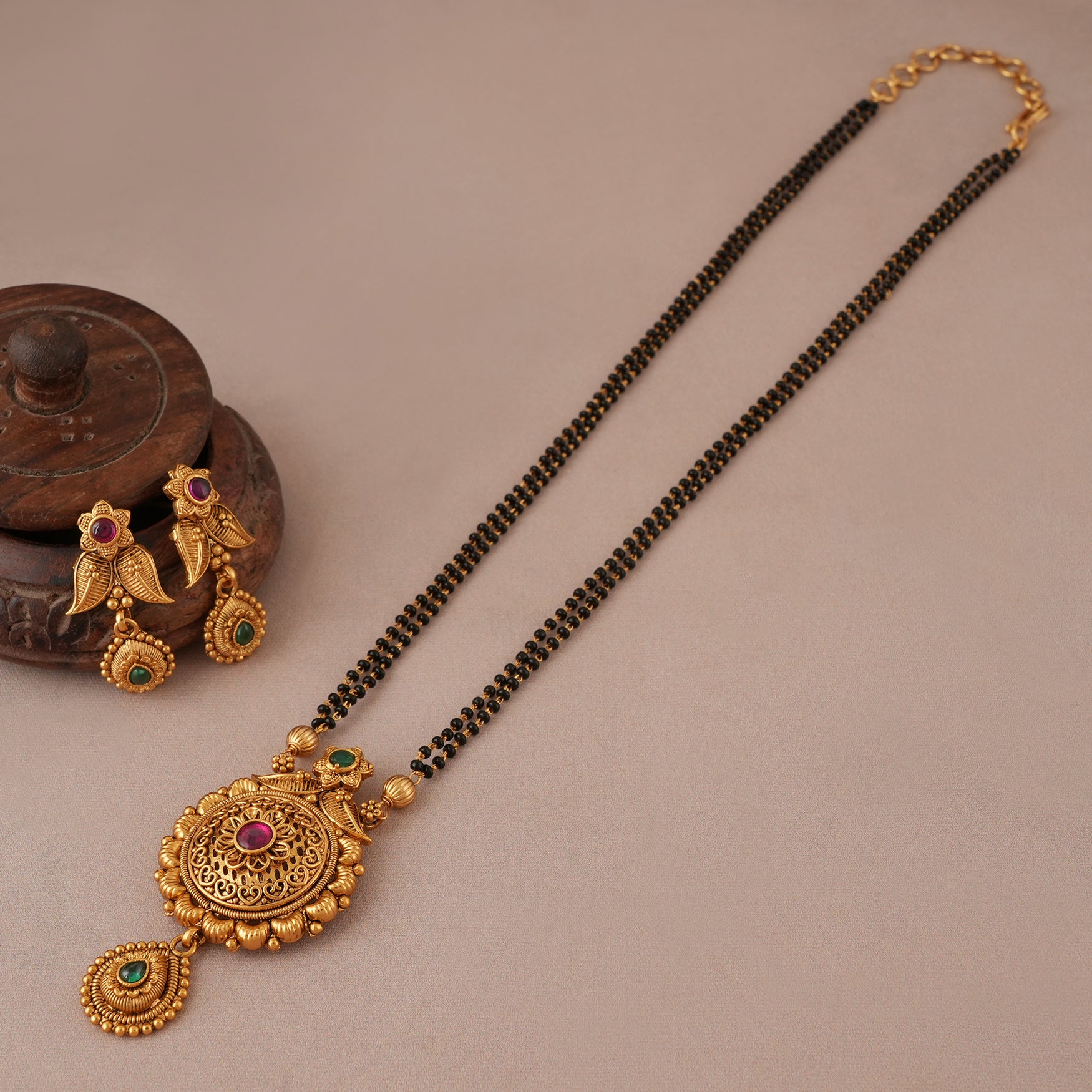 Beautiful antique gold long ruby mangalsutra set with earring