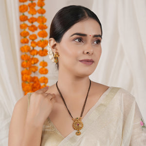 Beautiful antique gold long ruby mangalsutra set with earring