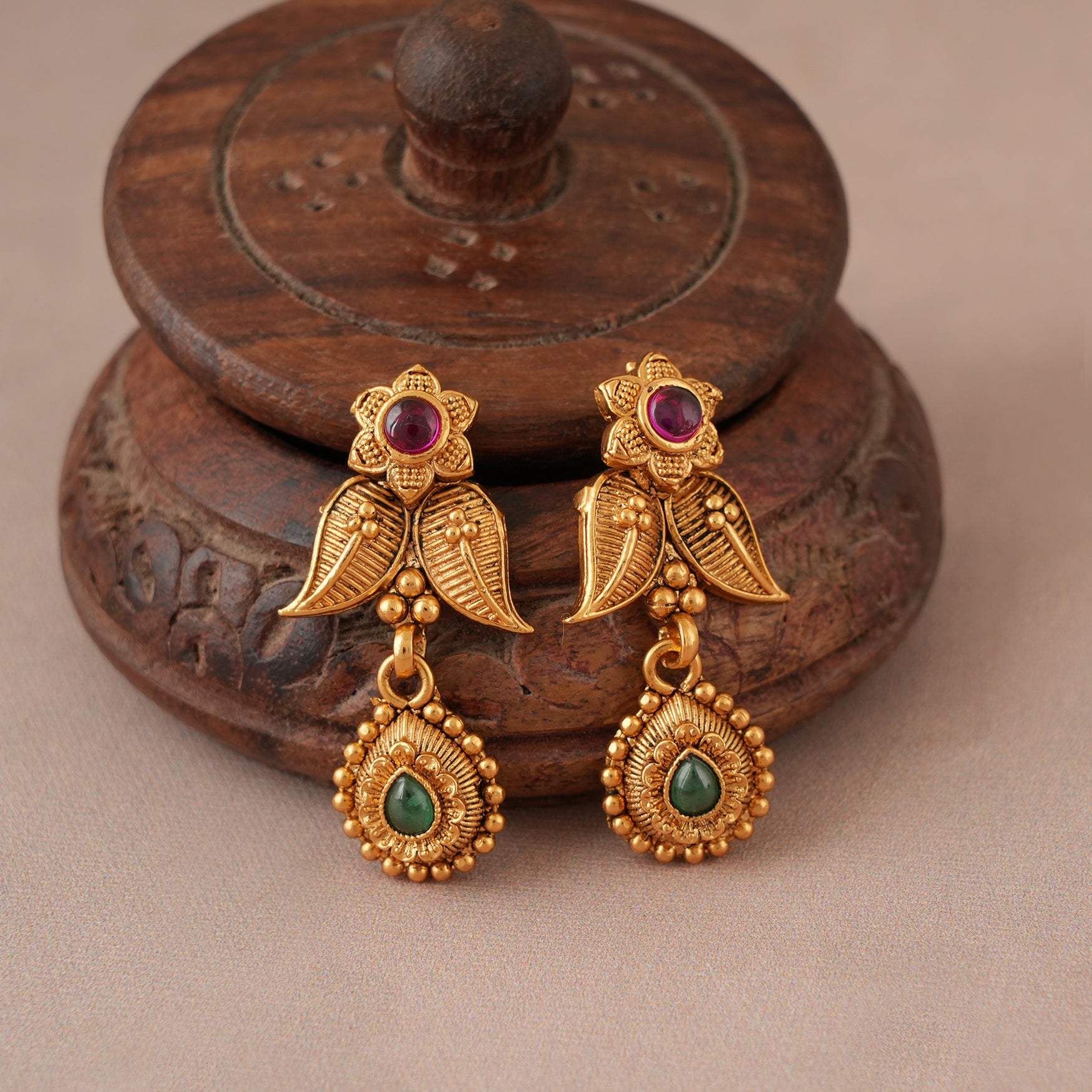 Beautiful antique gold long ruby mangalsutra set with earring