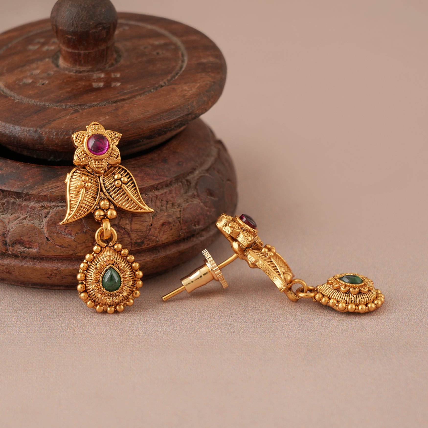 Beautiful antique gold long ruby mangalsutra set with earring