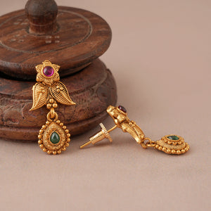 Beautiful antique gold long ruby mangalsutra set with earring
