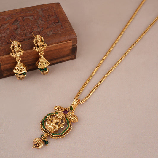 Long antique gold ma lakshmi pendant set