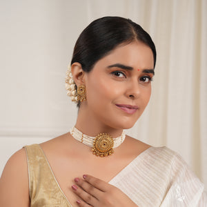 Stunning pearl antique gold choker necklace set