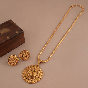 Maa Lakshmi beautiful plain antique gold pendant set  I Temple Jewellery
