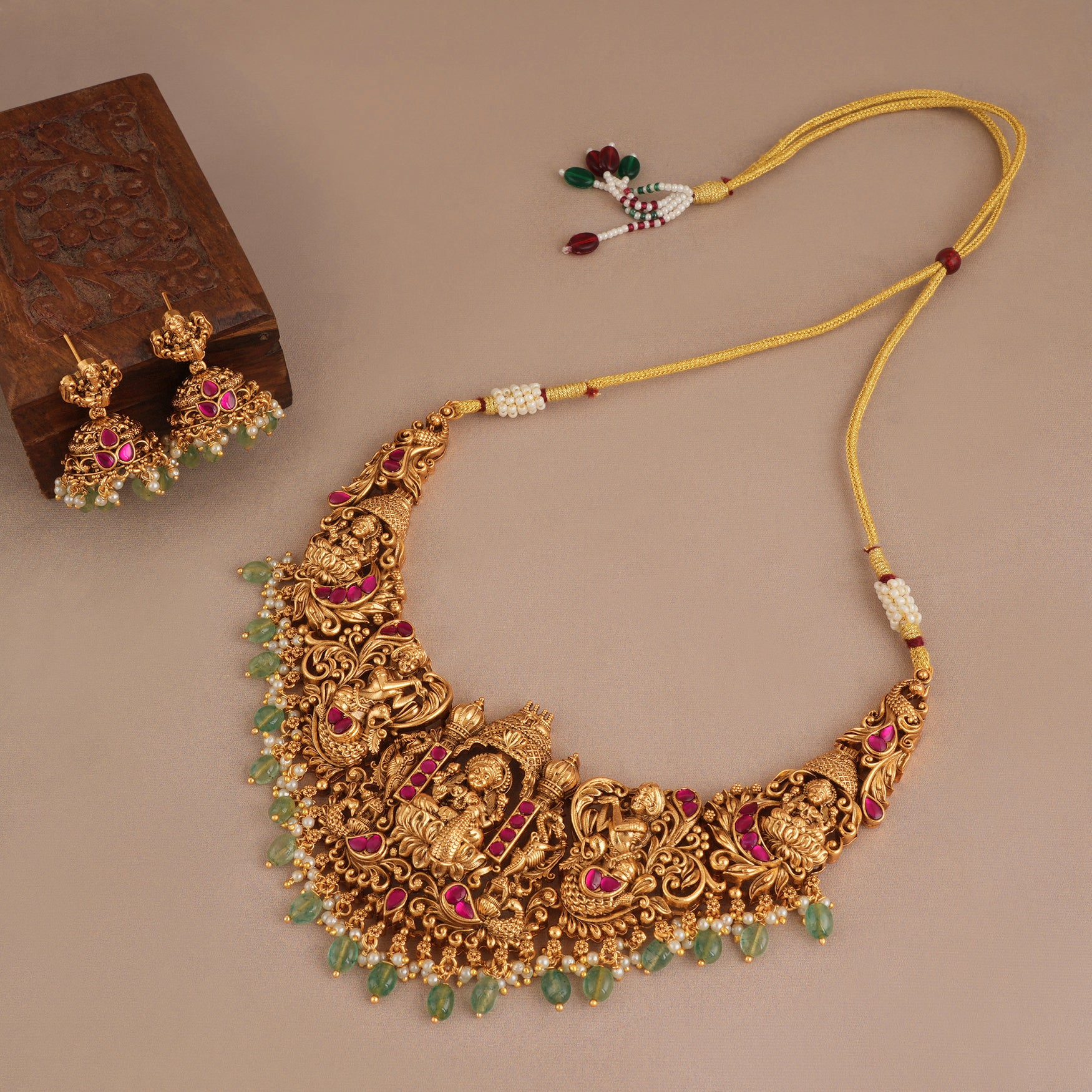 Antique gold stone beautiful ma lakshmi necklace set I Temple Jewellery