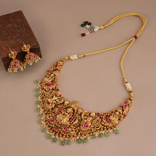 Antique gold stone beautiful ma lakshmi necklace set I Temple Jewellery