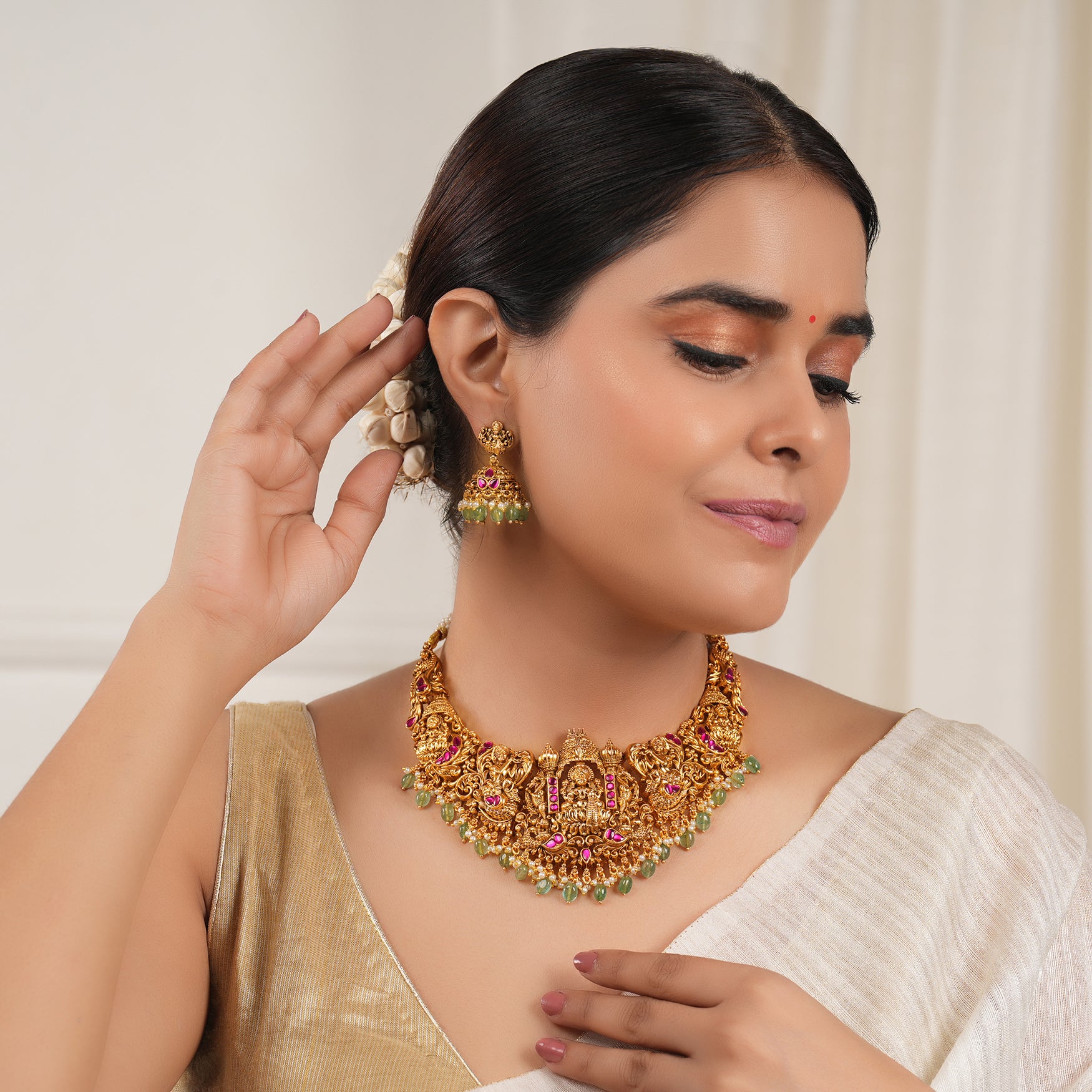Antique gold stone beautiful ma lakshmi necklace set I Temple Jewellery