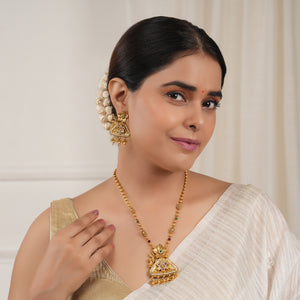 Long antique gold stone floral pendant set