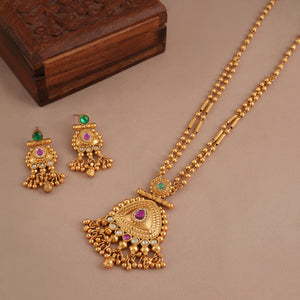Long antique gold multicolor stone pendant set