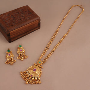 Long antique gold multicolor stone pendant set