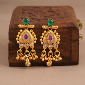 Long antique gold multicolor stone pendant set