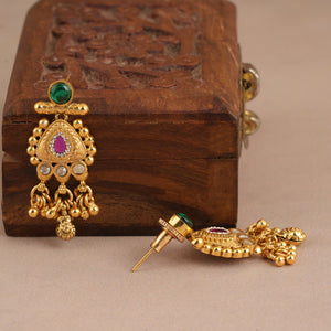 Long antique gold multicolor stone pendant set