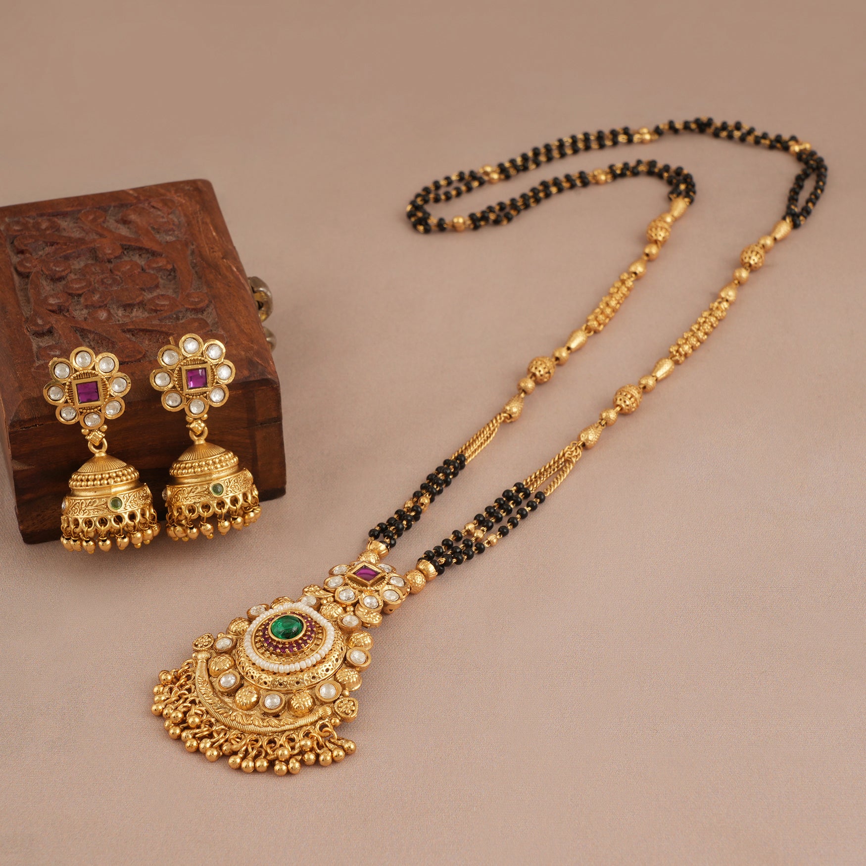 Long antique gold muticolor stone mangalsutra set