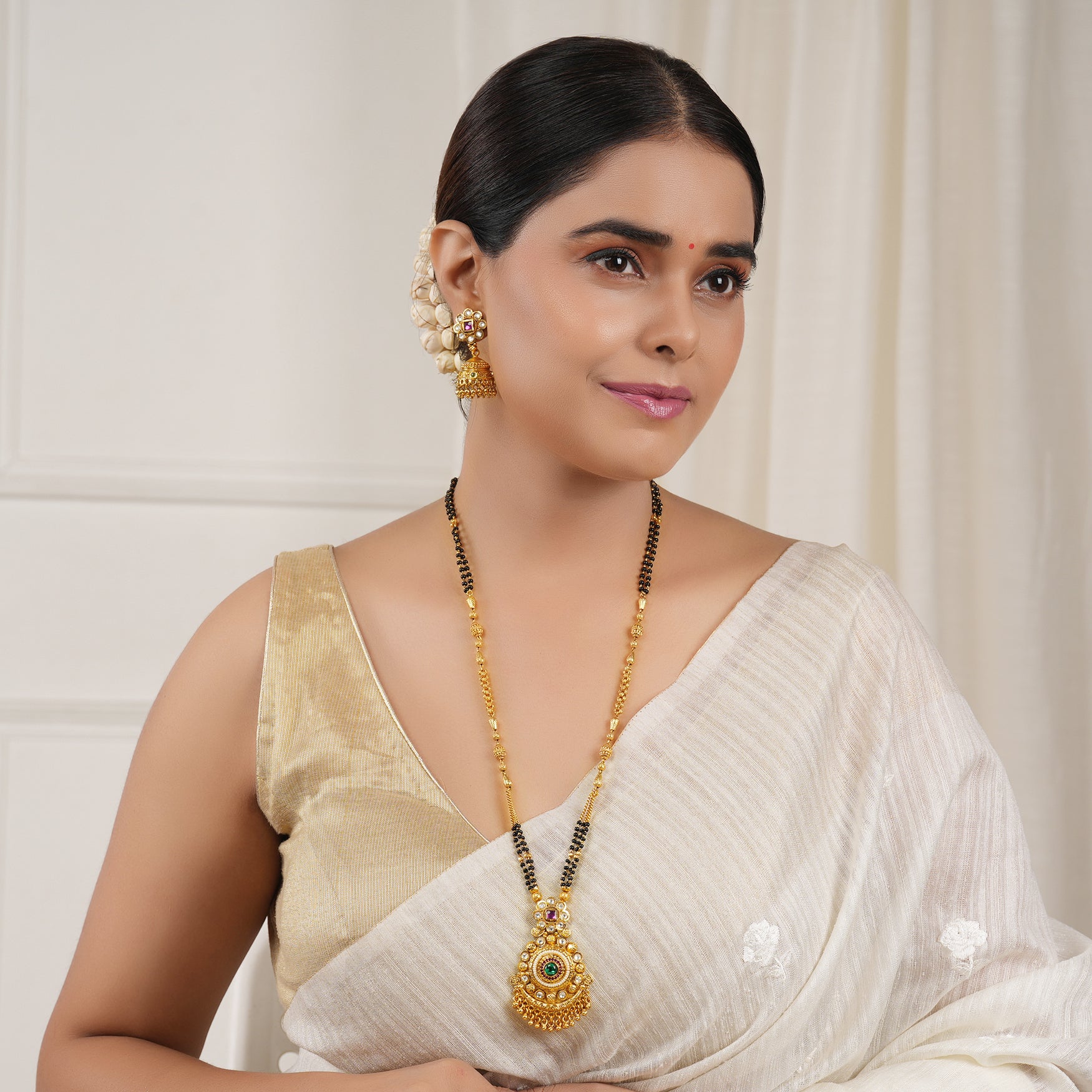 Long antique gold muticolor stone mangalsutra set