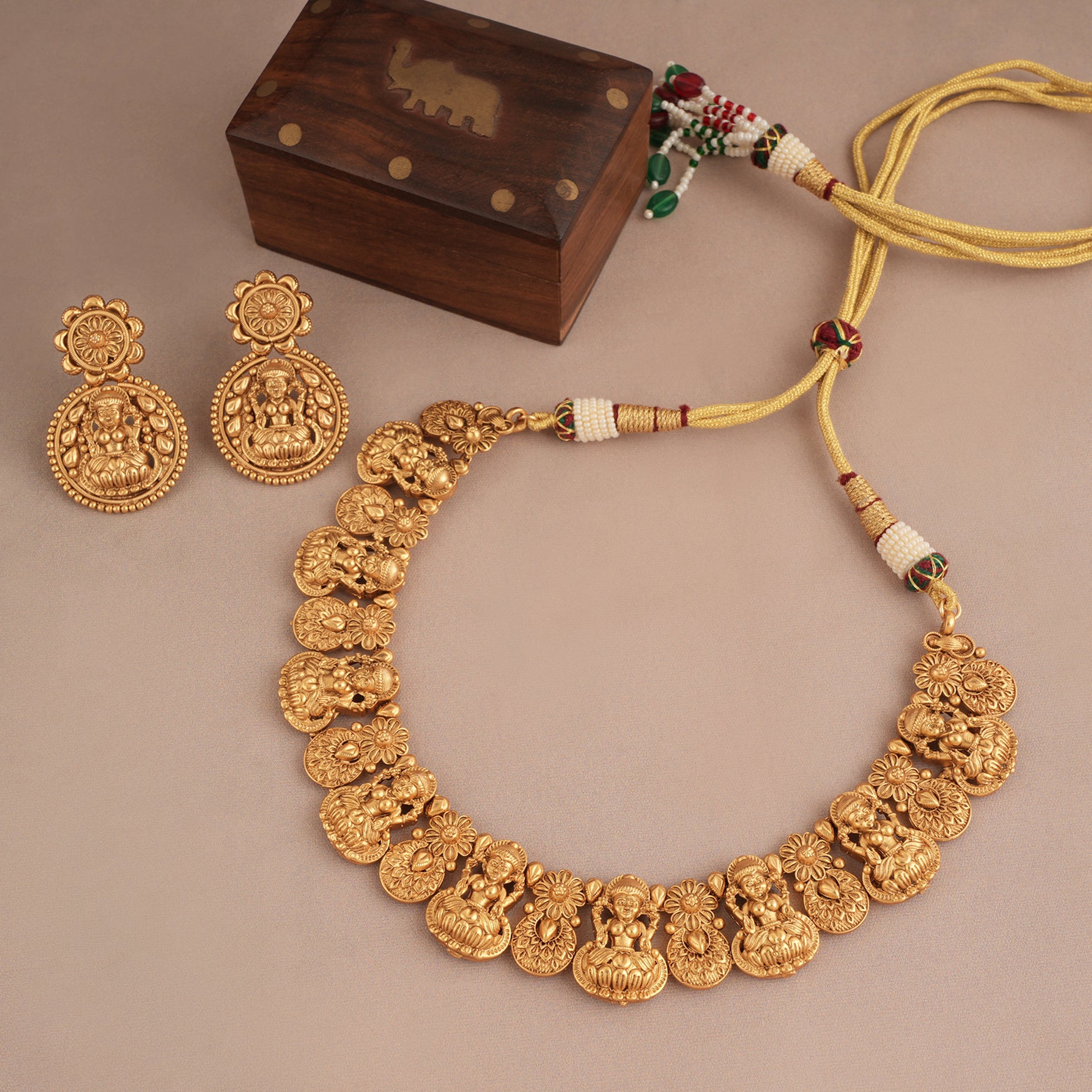 Traditional stunning plain antique gold maa lakshmi necklace set I Temple Jewellery