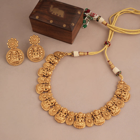Traditional stunning plain antique gold maa lakshmi necklace set I Temple Jewellery