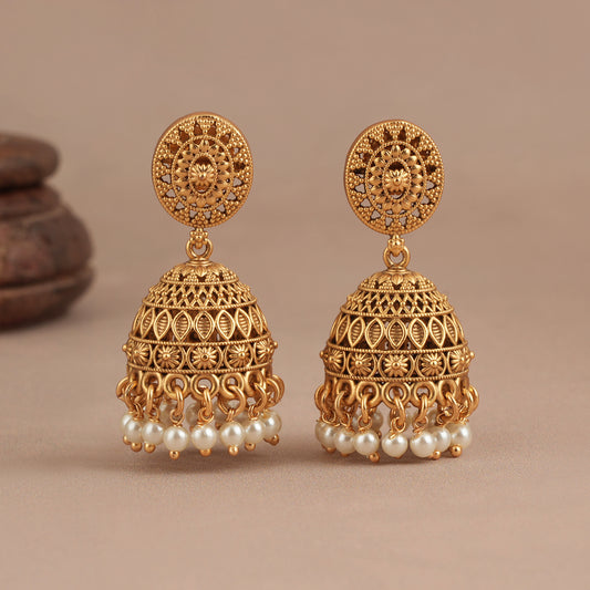 Cute antique gold pearl drop jhumka earring