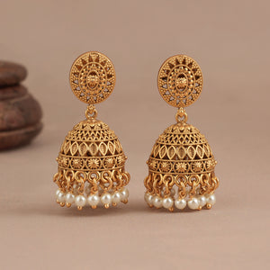 Cute antique gold pearl drop jhumka earring