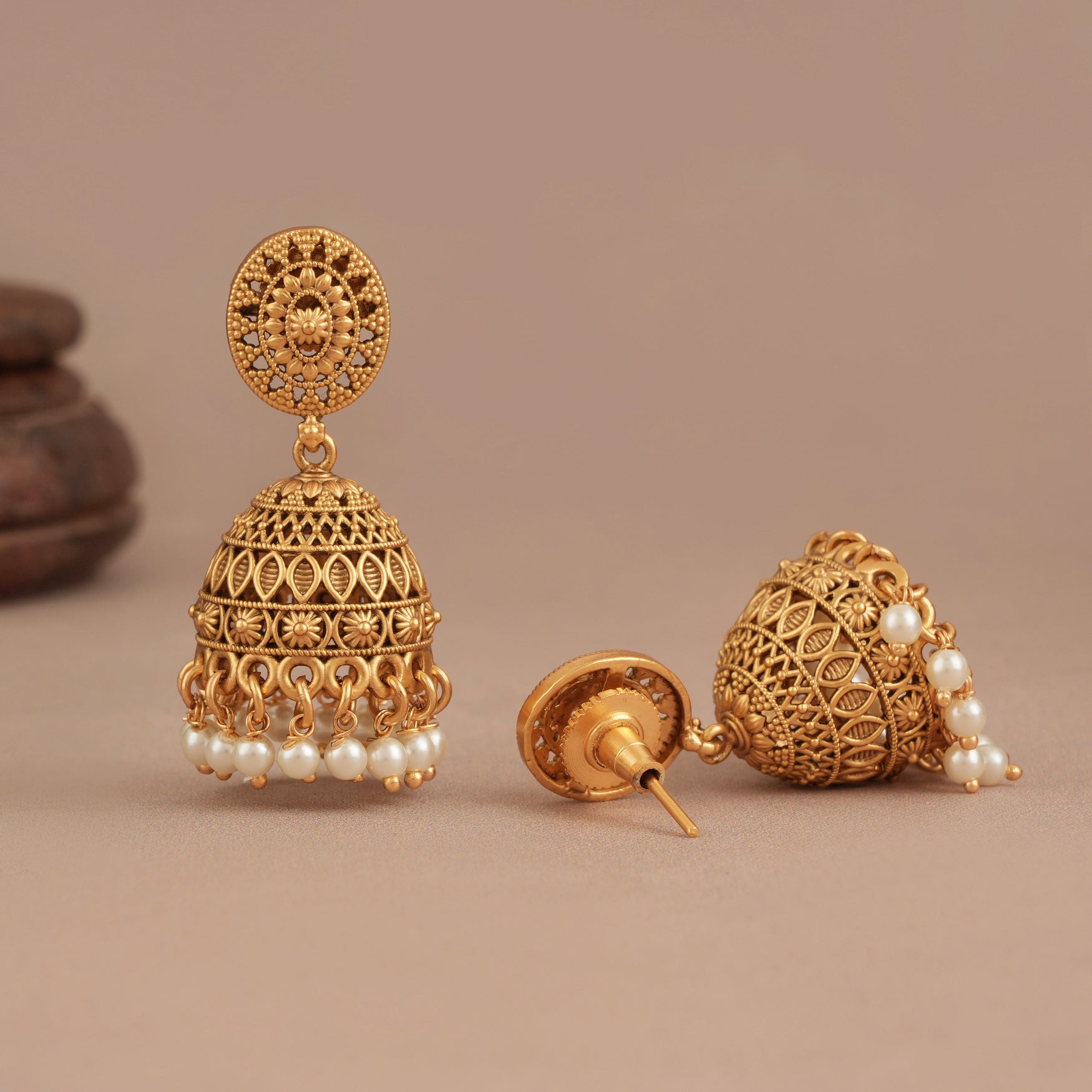 Cute antique gold pearl drop jhumka earring