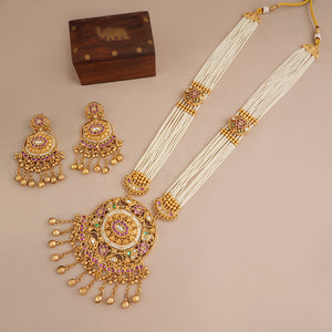 Long antique gold beautiful pearl stone necklace set