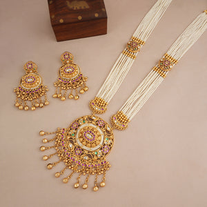 Long antique gold beautiful pearl stone necklace set