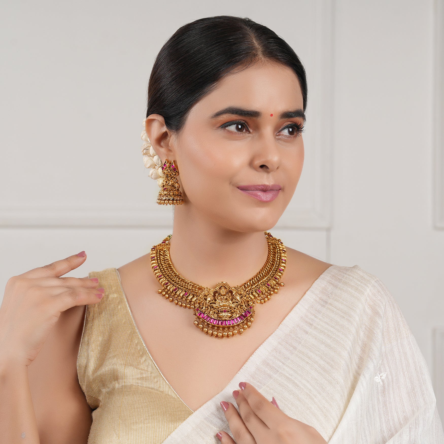 Beautiful antique gold ruby ma lakshmi necklace set I Temple Jewellery