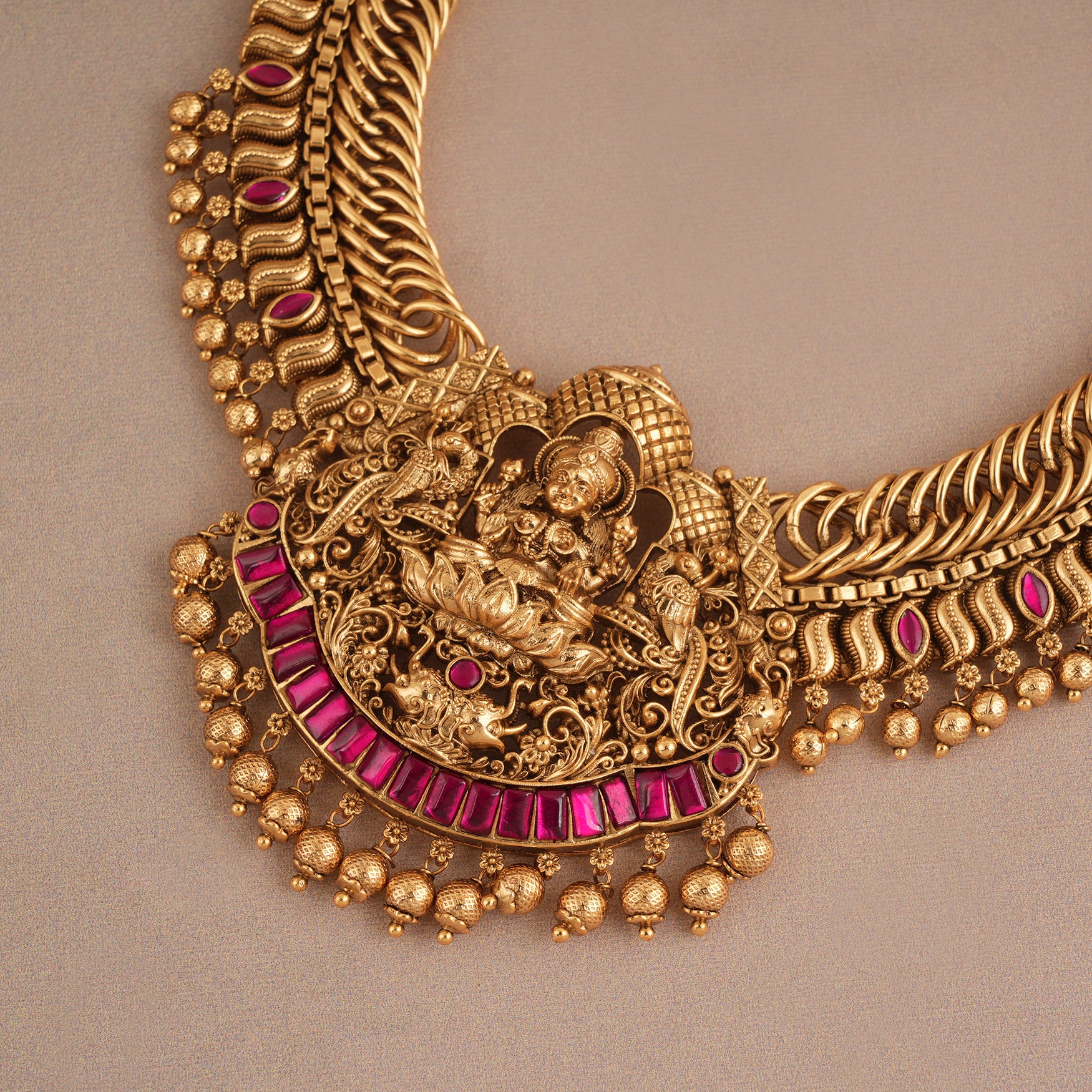 Beautiful antique gold ruby ma lakshmi necklace set I Temple Jewellery