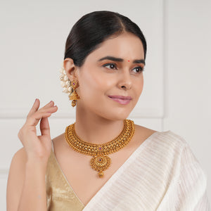 Amazing plain antique plated floral necklace set