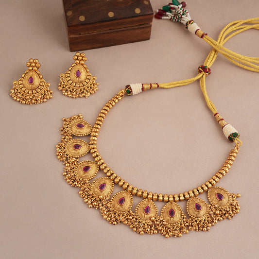 Stunning ruby antique gold traditional necklace set