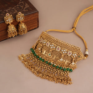 Traditional antique gold multicolor kundan choker necklace set
