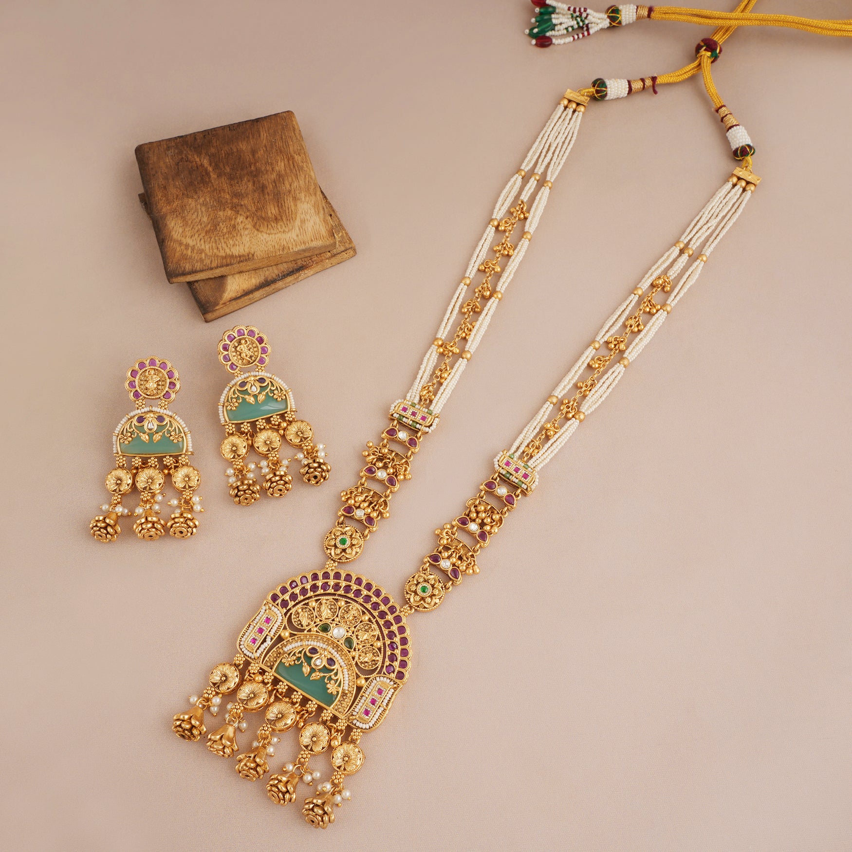 Women's Designer Brass High Gold Antique Rajwadi Long Crystal Necklace Set with Beautiful Earrings main image 0