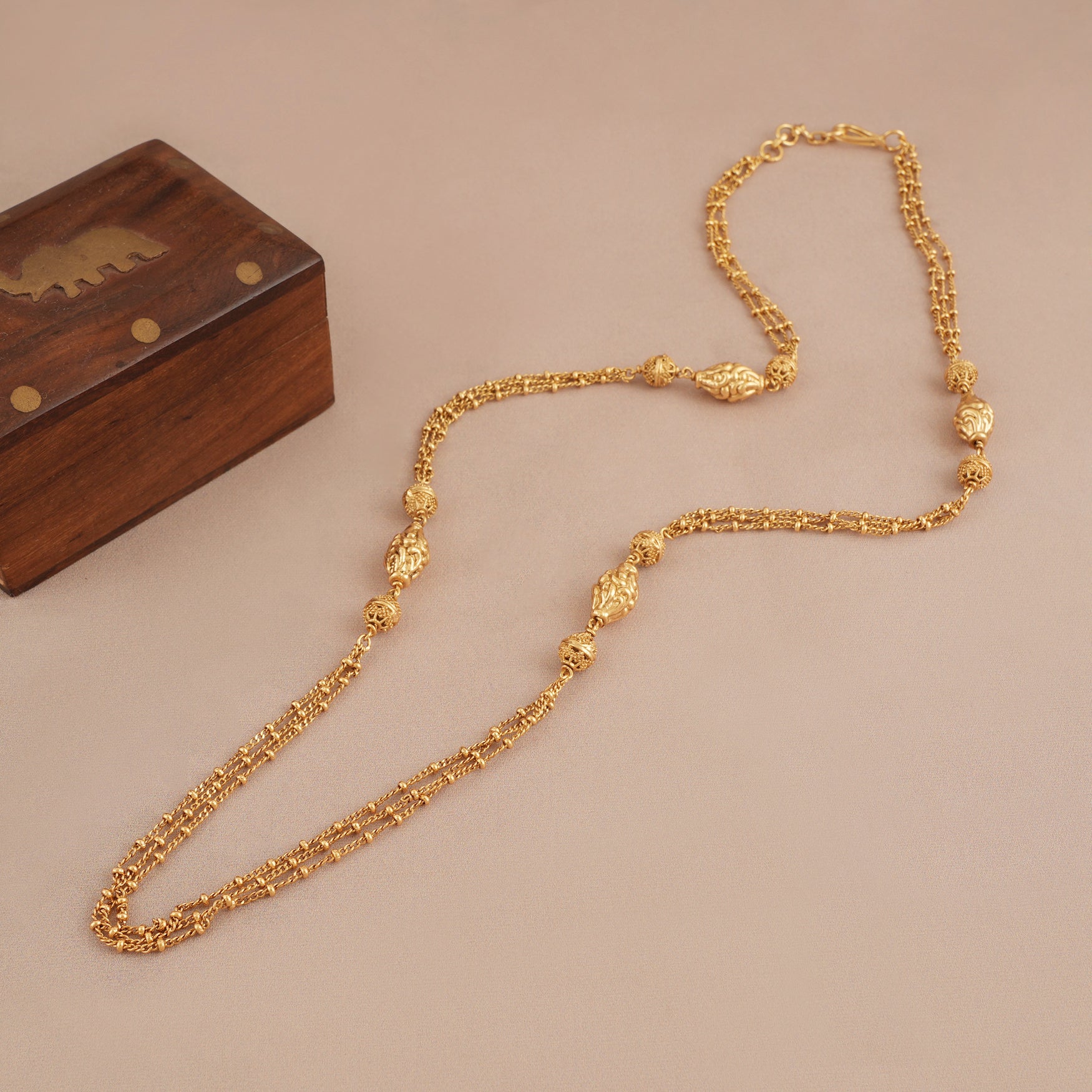 Long delicate antique gold plain mala string