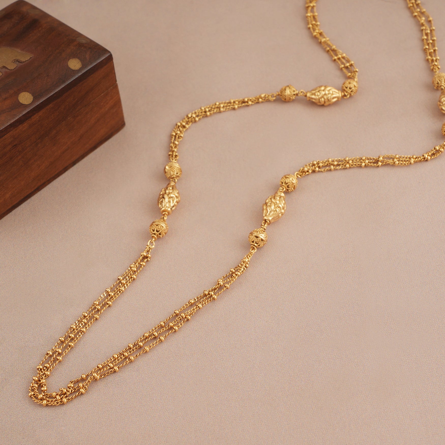 Long delicate antique gold plain mala string