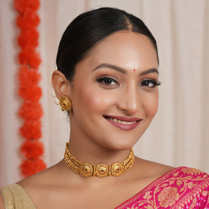 Stunning plain floral antique gold choker necklace set