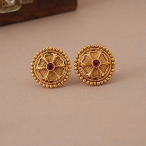 Stunning plain floral antique gold necklace set with stud earring