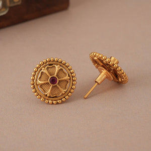 Stunning plain floral antique gold necklace set with stud earring