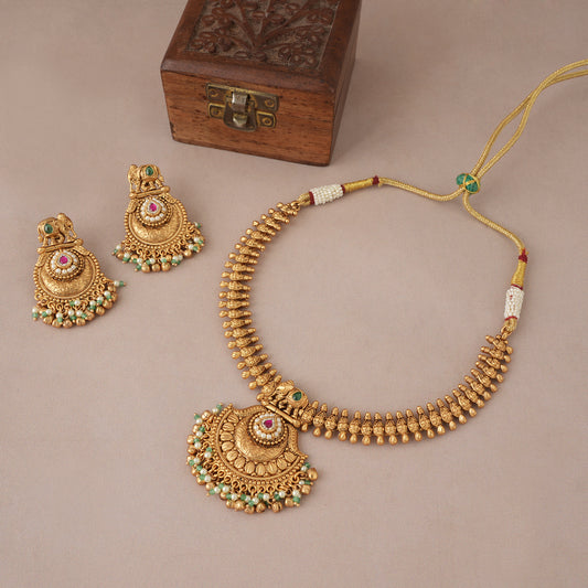 Traditional multicolor stone antique gold necklace set