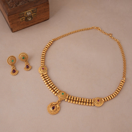 Stunning stone antique gold traditional necklace set
