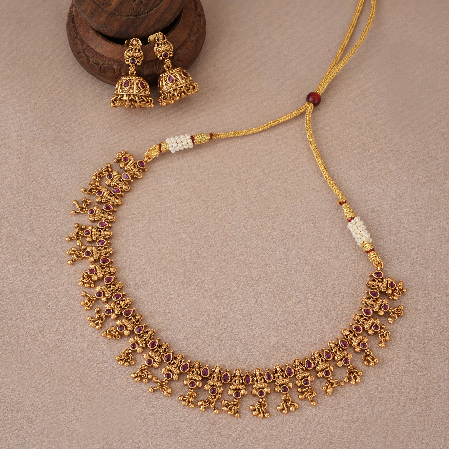 Stunning elegant antique gold ruby maa lakshmi necklace set