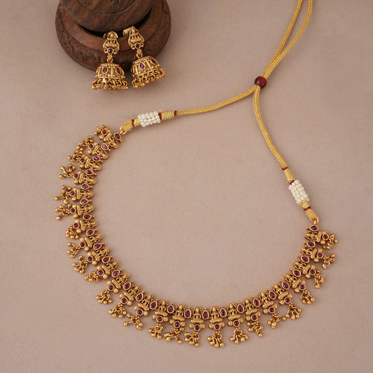 Stunning elegant antique gold ruby maa lakshmi necklace set