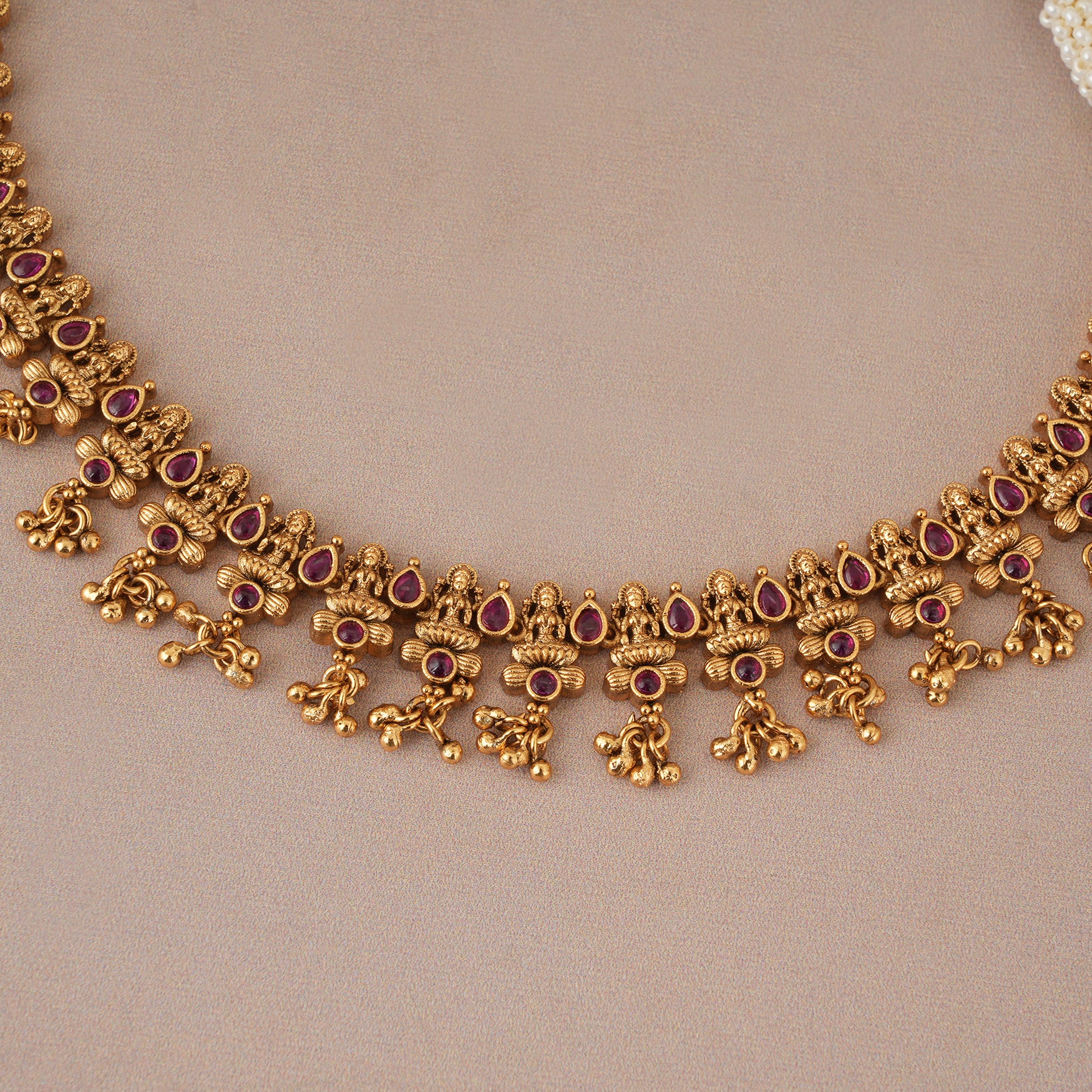 Stunning elegant antique gold ruby maa lakshmi necklace set