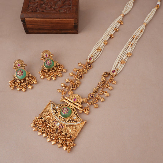 Long antique gold pearl rajwadi stone necklace set