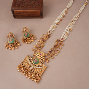 Long antique gold pearl rajwadi stone necklace set