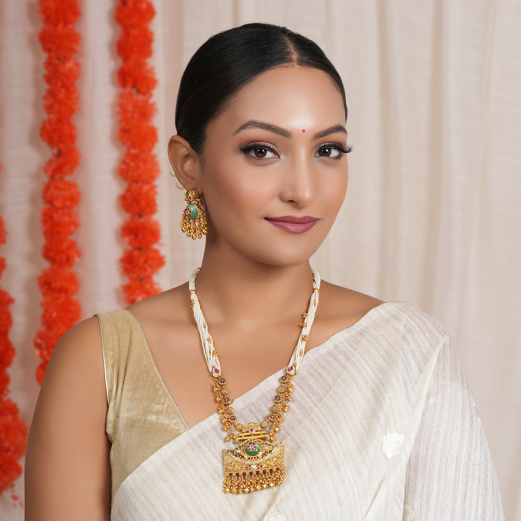 Long antique gold pearl rajwadi stone necklace set