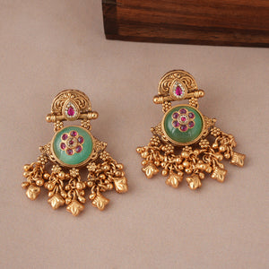 Long antique gold pearl rajwadi stone necklace set