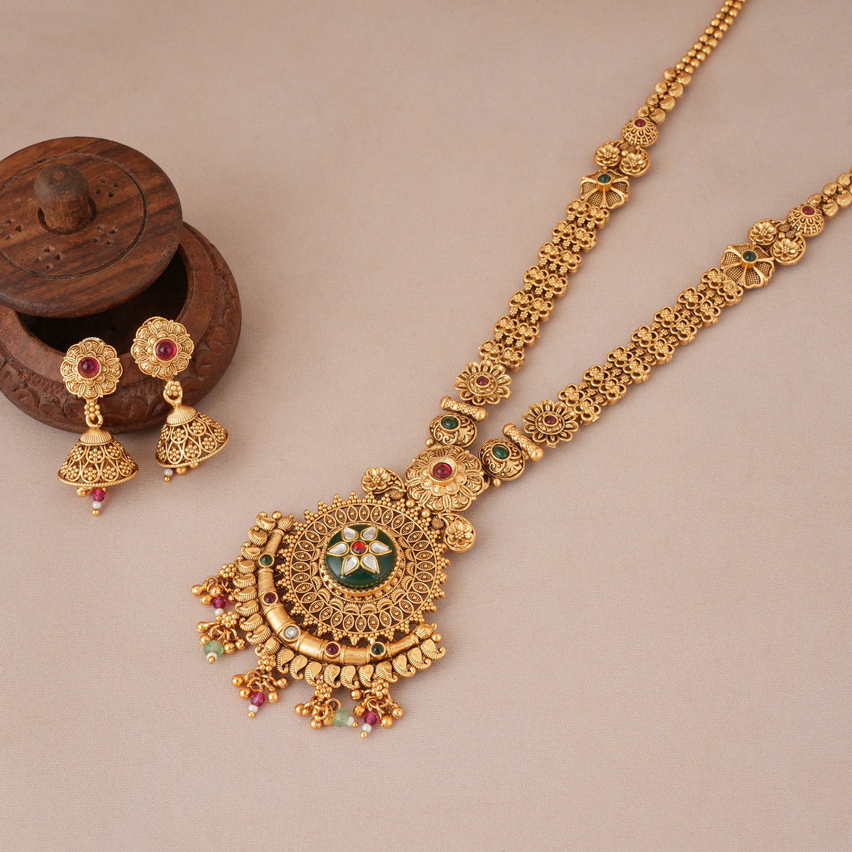 Long stunning antique gold multicolor necklace set