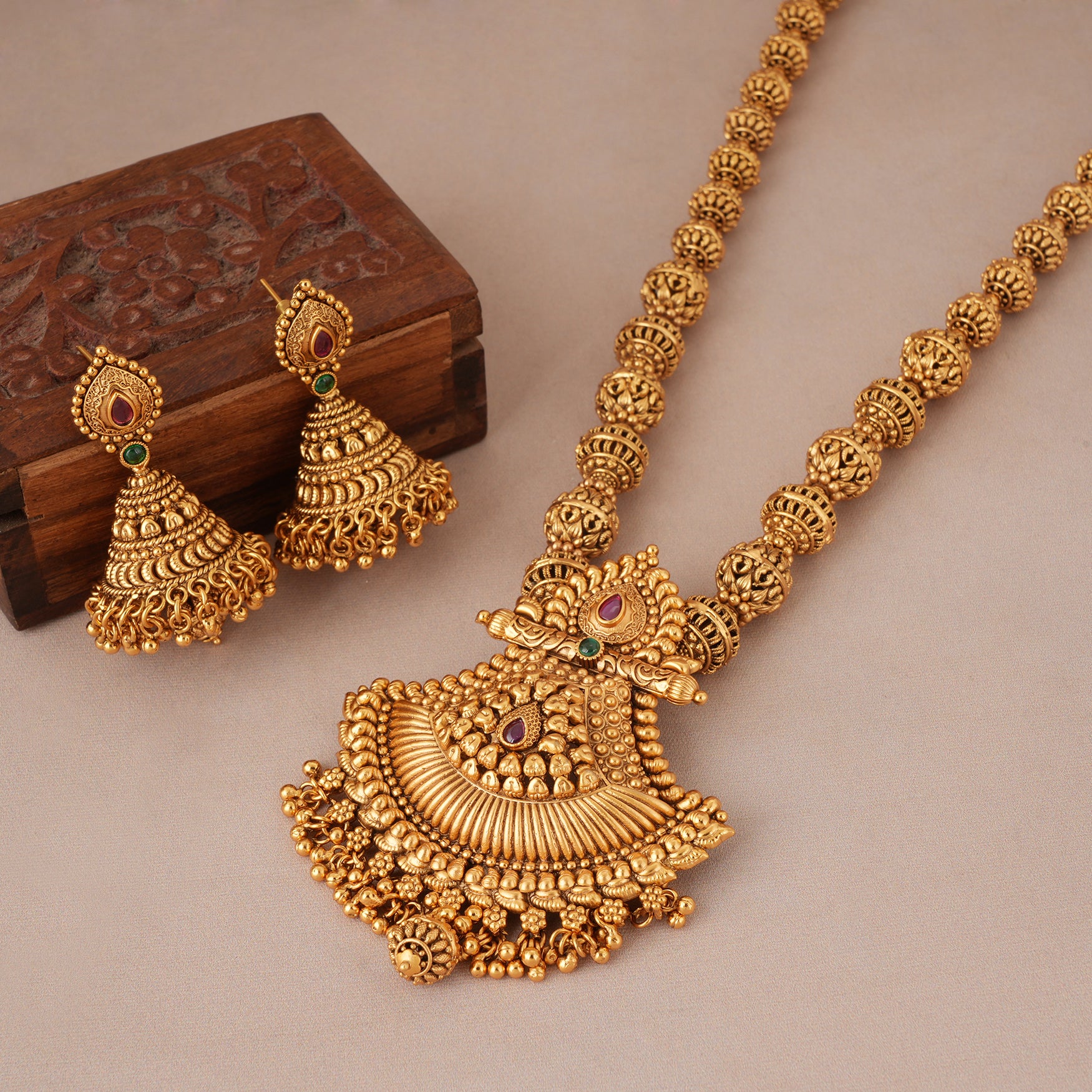 Stunning antique long necklace set with jhumka earring