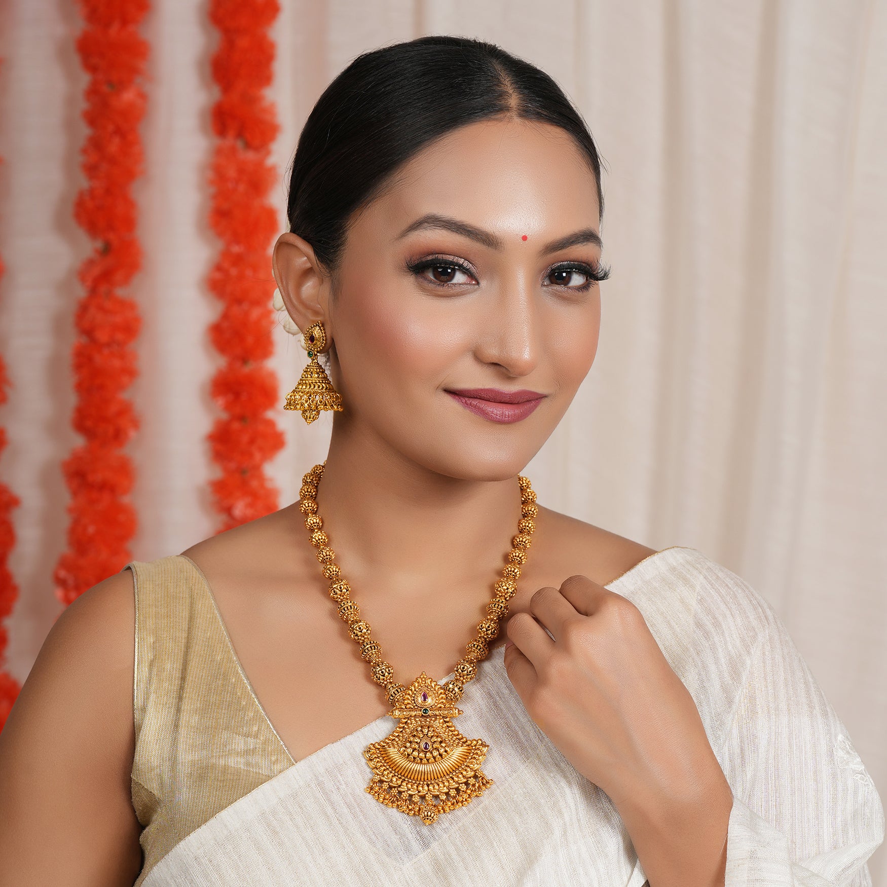 Stunning antique long necklace set with jhumka earring