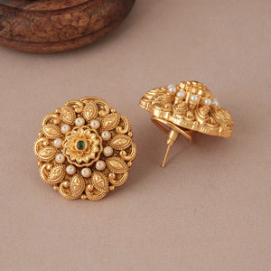 Stunning  big antique gold floral pearl stud