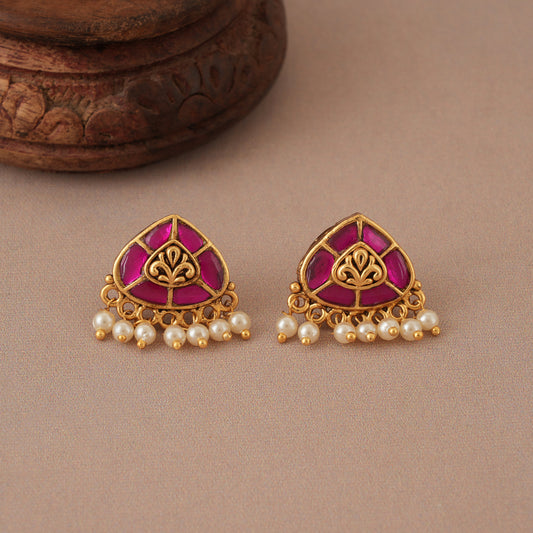 Cute elegant ruby stud pearl drop earring